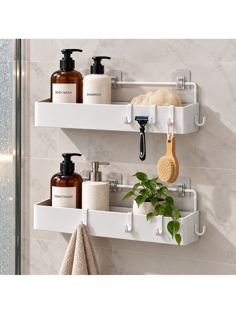 Kitsure 2-Pack Large Size White Shower Caddy Storage Organizer with Hooks